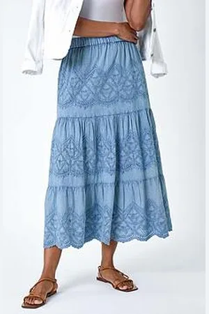 Roman Broderie Elastic Waist A Line Tiered Midi Skirt