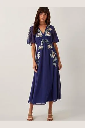 Monsoon Cora Embroidered Dress - Navy