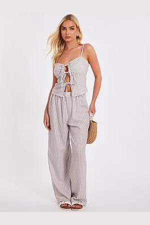 Quiz Stone Striped Wide Leg Trousers