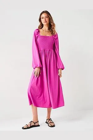 Very Shirred Long Sleeve Midi Dress