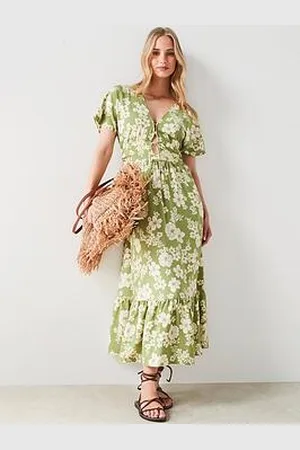 MANGO Floral Print Cut Out Detail Midi Dress