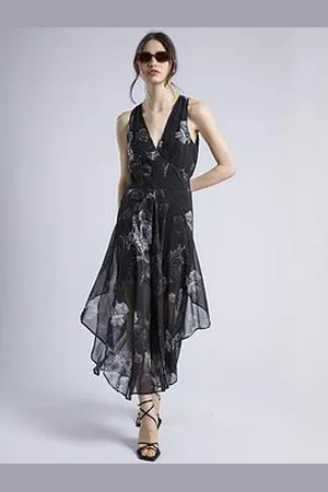 Religion Aida Midi Dress In Dark Floral With Handkerchief Hem