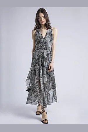 Religion Aida Midi Dress In Snake Skin Print With Handkerchief Hem