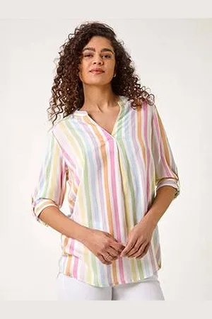 Roman Stripe Print Pleat Detail Tunic Top