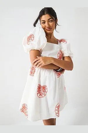 Very Palm Leaf Embroidered Puff Sleeve Mini Dress