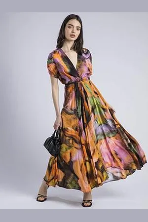 Religion Crest Maxi Wrap Dress In Silky Fabric In Obscure Print