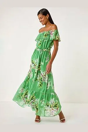 Roman Floral Bardot Belted Maxi Dress