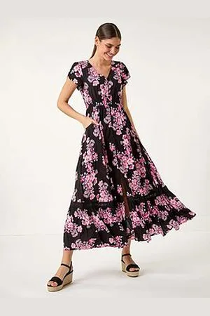 Roman Floral Print Shirred Waist Maxi Dress