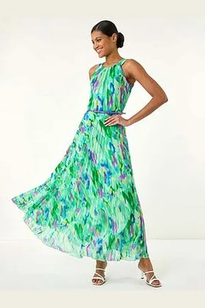 Roman Blurred Print Pleated Maxi Dress