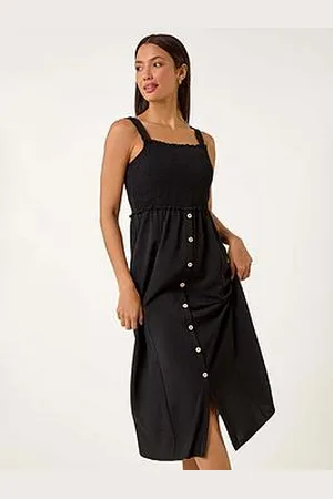 Roman Plain Shirred Button Detail Midi Dress