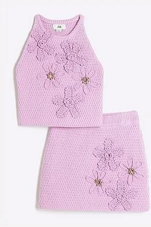 River Island Older Girl Crochet Floral Top & Skirt Set