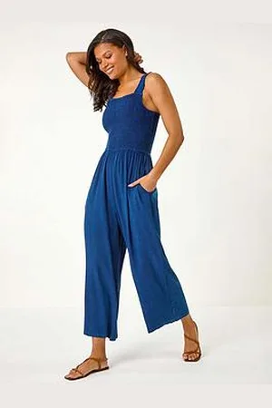 Roman Denim Shirred Bodice Pocket Jumpsuit
