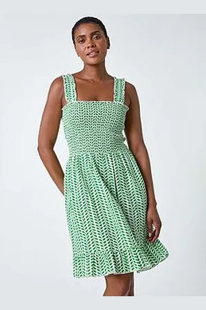 Roman Zig Zag Print Shirred Cotton Dress