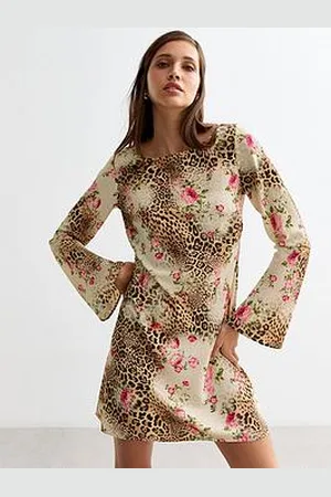 New Look Rose Leopard Long-Sleeve Mini Dress - Brown