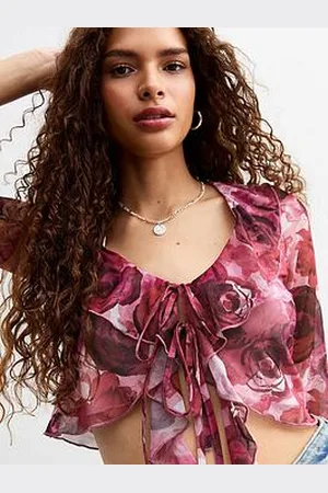 New Look Tie Front Floral Print Ruffled Crop Top
