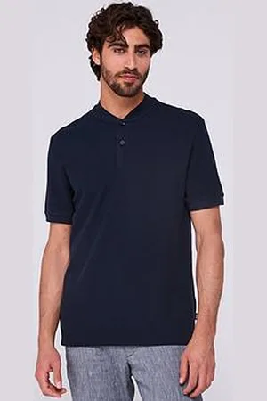 HUGO BOSS H-Pratt 120 Regular Fit Collarless Polo Shirt - Navy