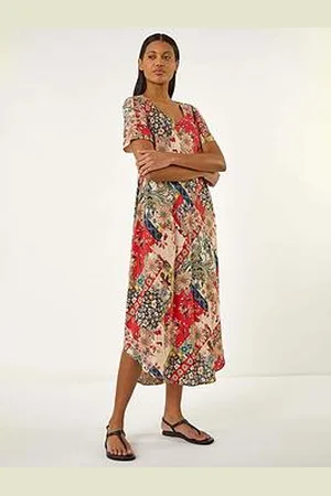 Roman Patchwork Print Curved Hem Midi Dress