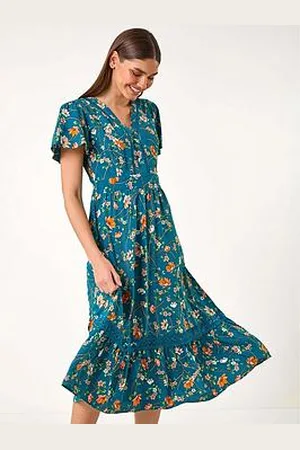 Roman Floral Lace Trim Pocket Midi Dress