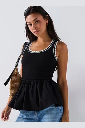 Very Whipstitch Scoop Neck Woven Mix Top
