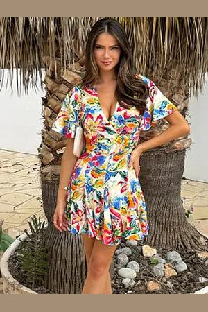 Ax Paris Printed Wrap Top Skater Mini Dress