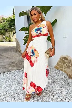 Ax Paris Floral Printed One Shoulder Cut Out Pleated Midi Dress