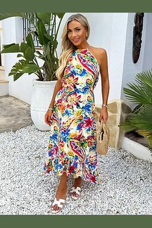 Ax Paris Printed Racer Neck Frill Hem Midi Dress