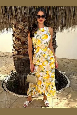 Ax Paris Printed Cut Out Midi Dress - Lemon