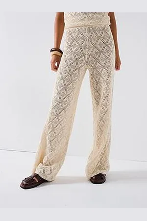 Very Cotton Rich Knitted Pointelle Wide Leg Trouser Coord - Beige