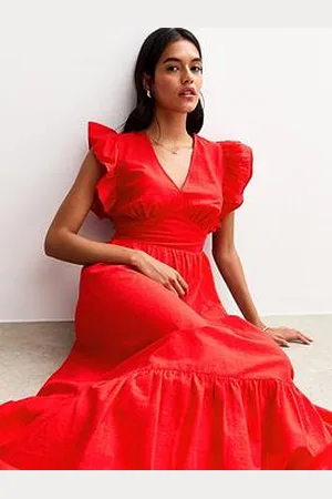 New Look Textured Cotton Frill Sleeve Tiered Midi Dress - Bright