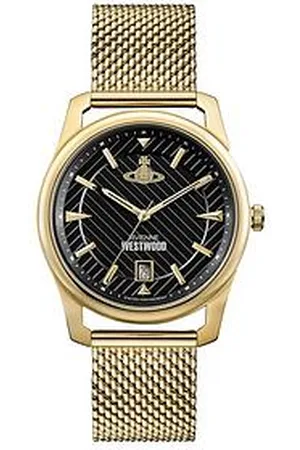 Vivienne Westwood Holborn Black Pinstripe Design Gold Detail Date Dial Gold Stainless Steel Mesh Strap Mens Watch