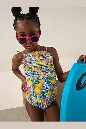 Monsoon Girls Lemon Print Smocked Swimsuit
