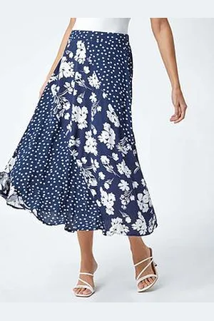 Roman Mixed Floral Spot Print A Line Midi Skirt