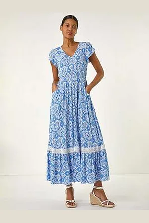Roman Tile Print Shirred Waist Maxi Dress