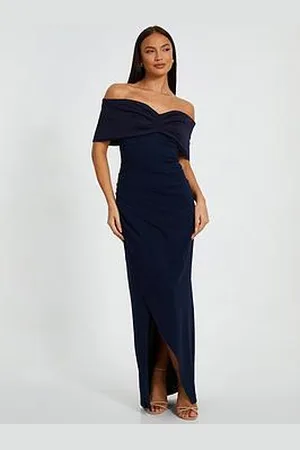 Quiz Navy Bardot Front Wrap Maxi Dress