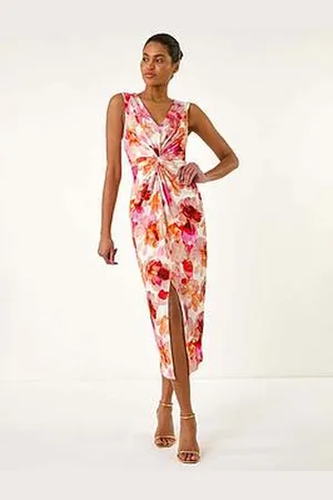Roman Floral Print Twist Front Midi Dress
