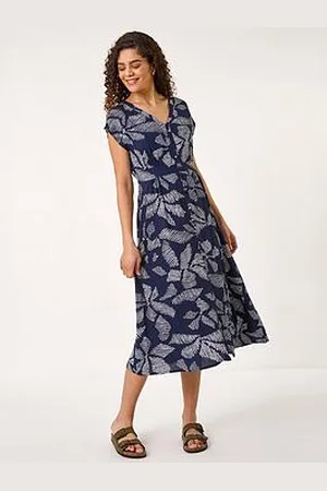 Roman Leaf Print Shirred Midi Dress