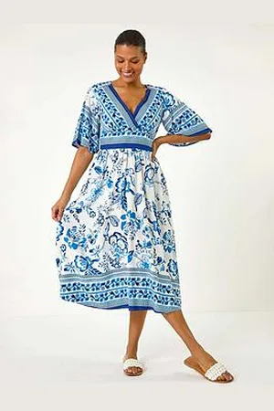 Roman Floral Border Print Pocket Midi Dress