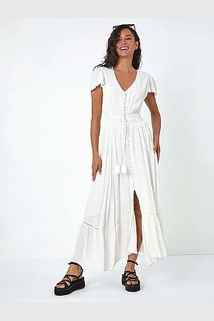Roman Button Front Shimmer Stripe Maxi Dress