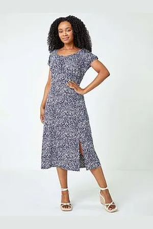 Roman Petite Leaf Print Midi Stretch Dress