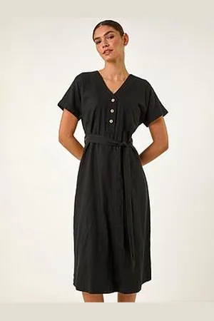 Roman Button Linen Mix Midi Dress