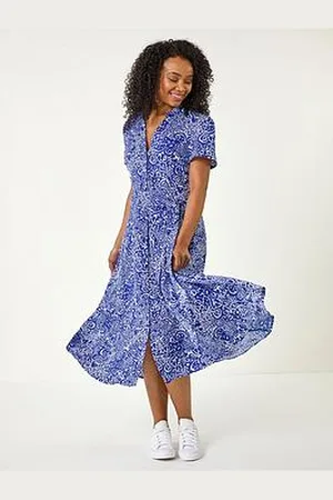 Roman Petite Abstract Print Button Shirt Dress - Royal