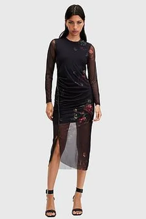 AllSaints Nora Ruched Sparkle Midi Dress