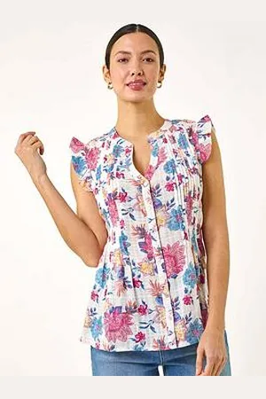 Roman Floral Print Pintuck Frill Blouse