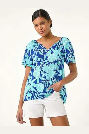 Roman Textured Print Notch Neck Top