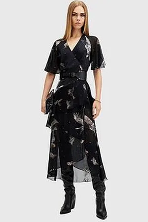 AllSaints Alana Printed Wrap Over Midi Dress