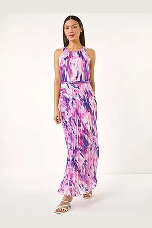Roman Blurred Print Pleated Maxi Dress