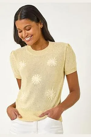 Roman Daisy Sequin Embroidered Knit Top - Lemon