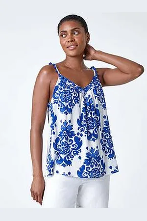Roman Paisley Pom Pom Trim V-Neck Crinkle Vest Top