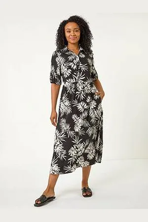 Roman Petite Tropical Print Button Midi Dress