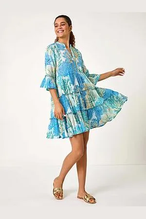 Roman Embroidered Cotton Printed Frill Smock Dress